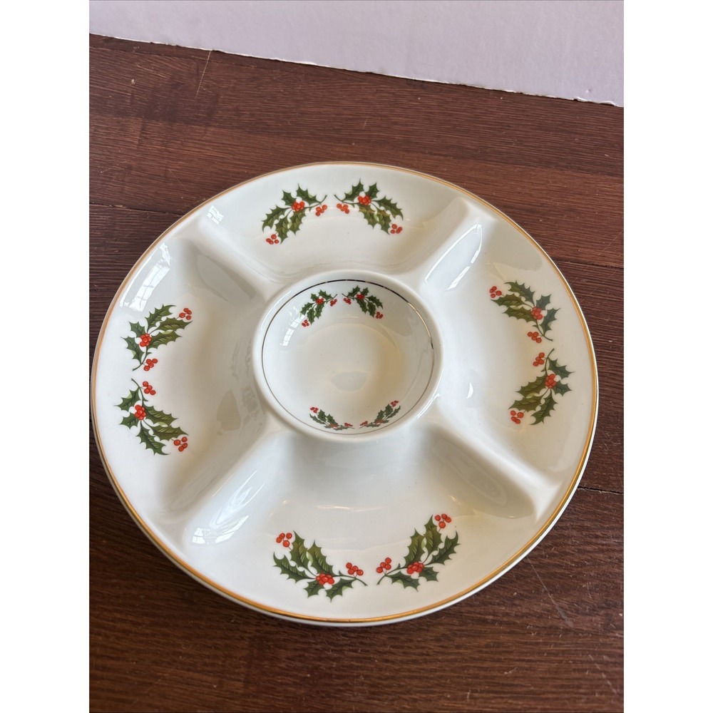 CHRISTMAS HOLLY Fine Porcelain Japan Dip Appetizer 11" Platter EUC